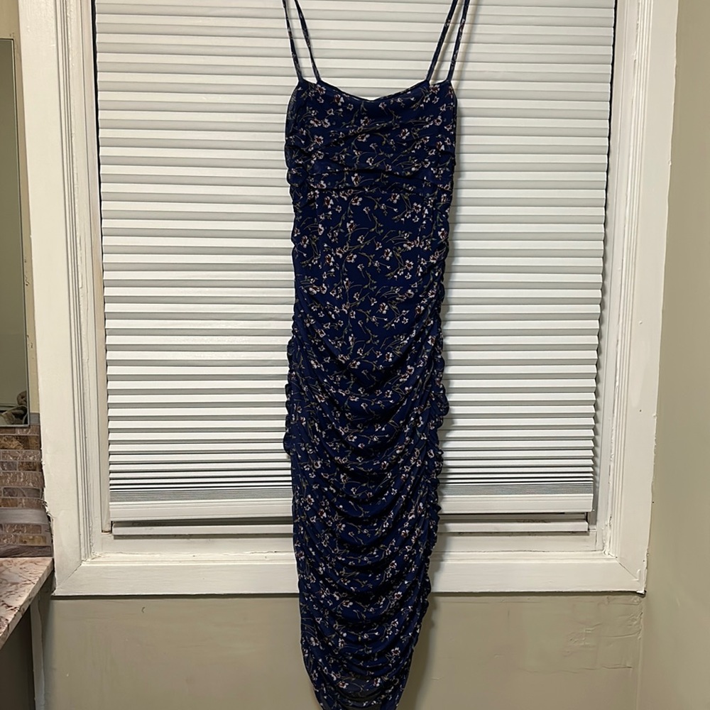 Navy blue flower print, large size dress